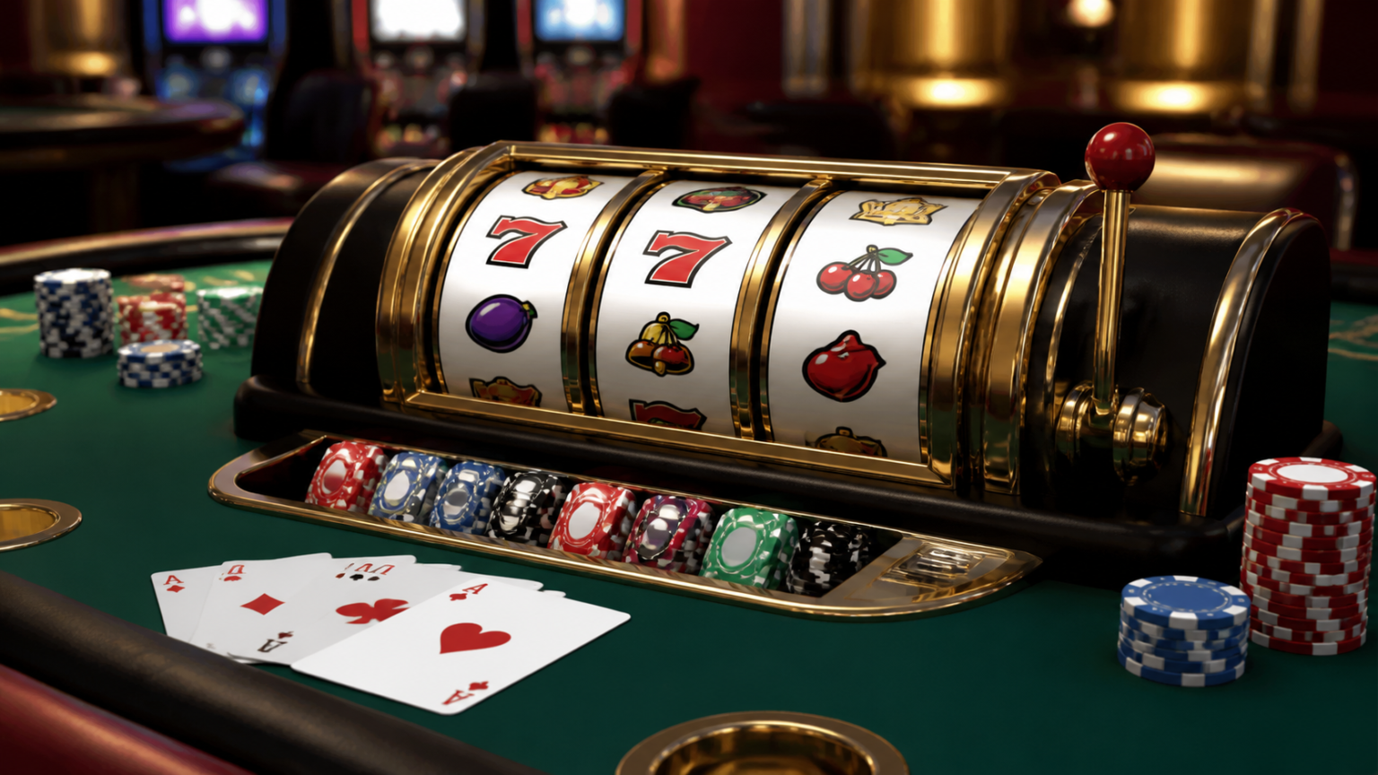 Casino table and slot reels representing online casinos