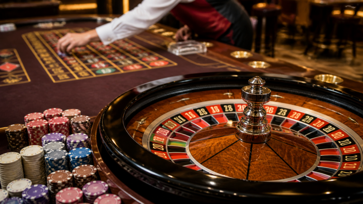 Casino table with chips and roulette wheel for online betting Singapore