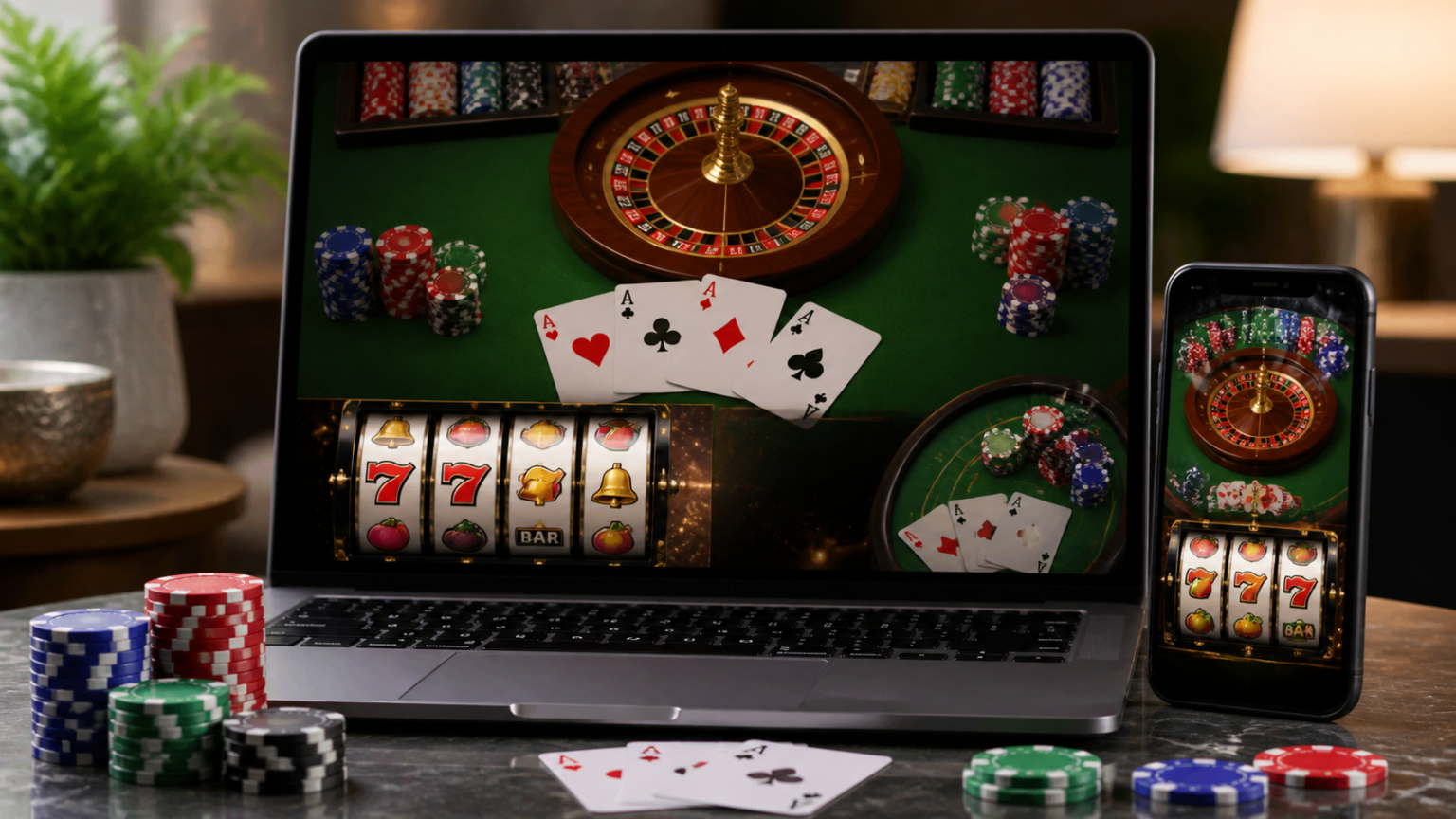Laptop and phone showing an online casino malaysia interface