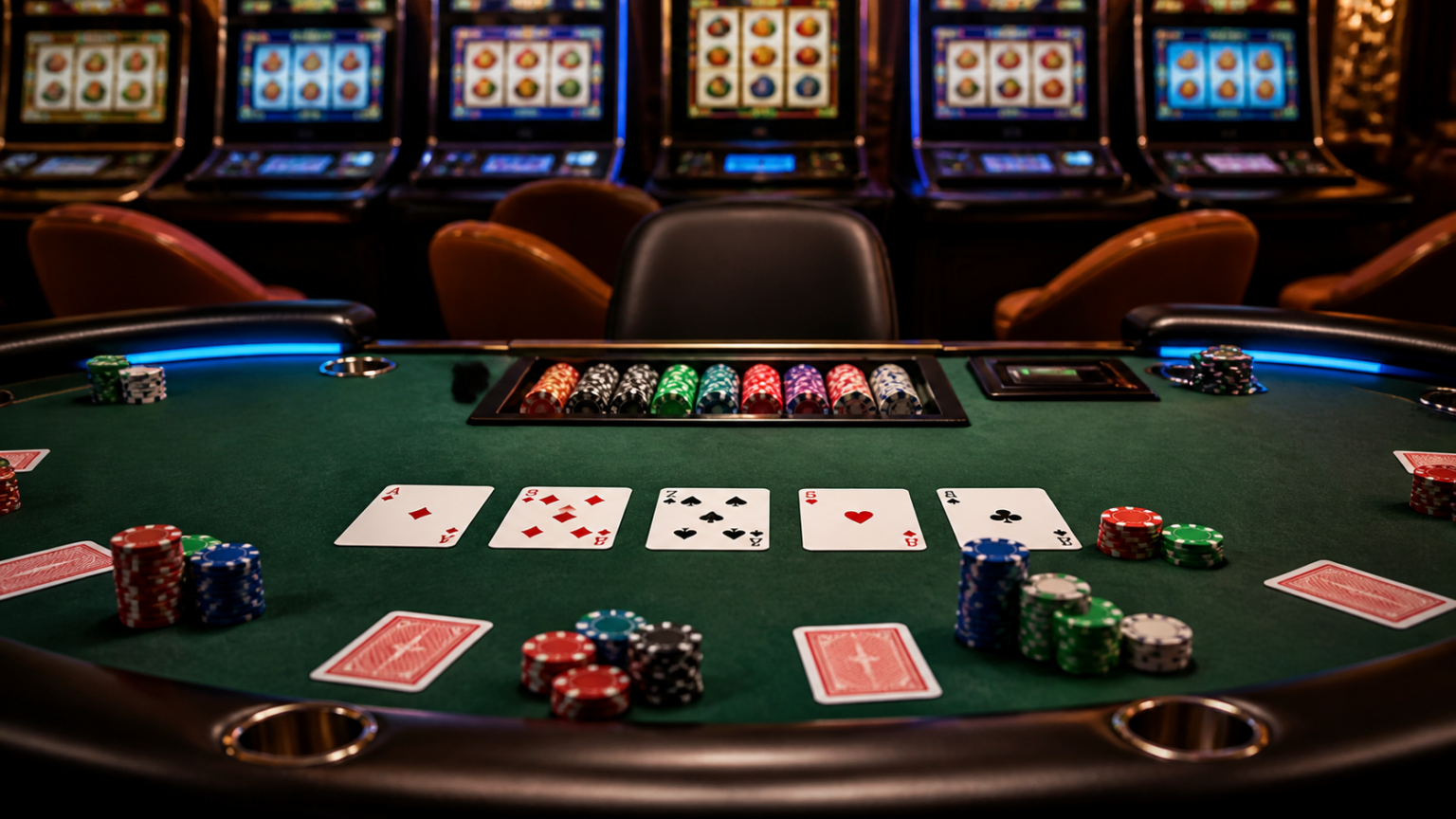 Casino gaming table with cards and slot screens