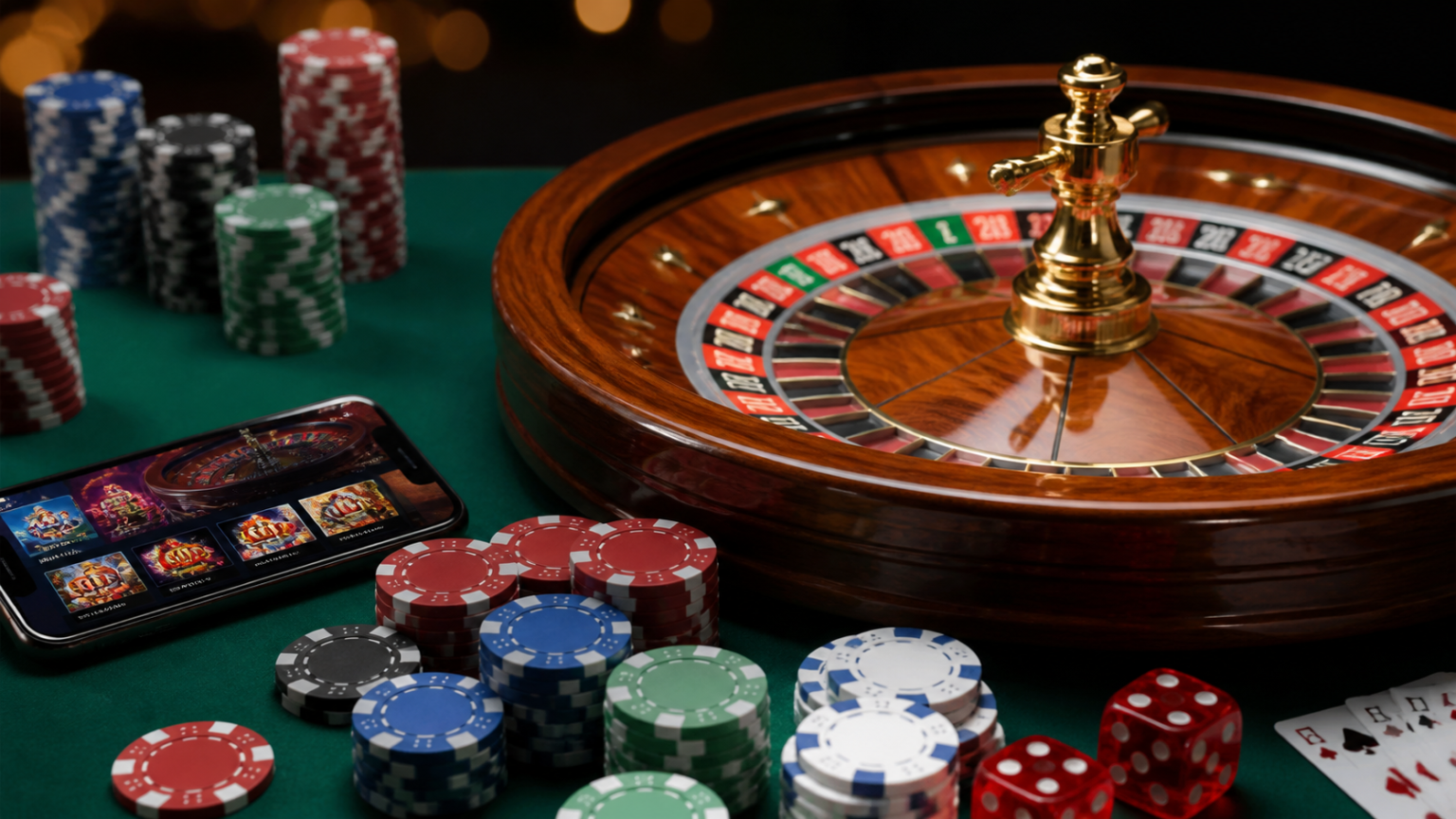 Online Casinos in Malaysia: A Practical Player Guide Casino gaming setup with phone, chips, and roulette wheel