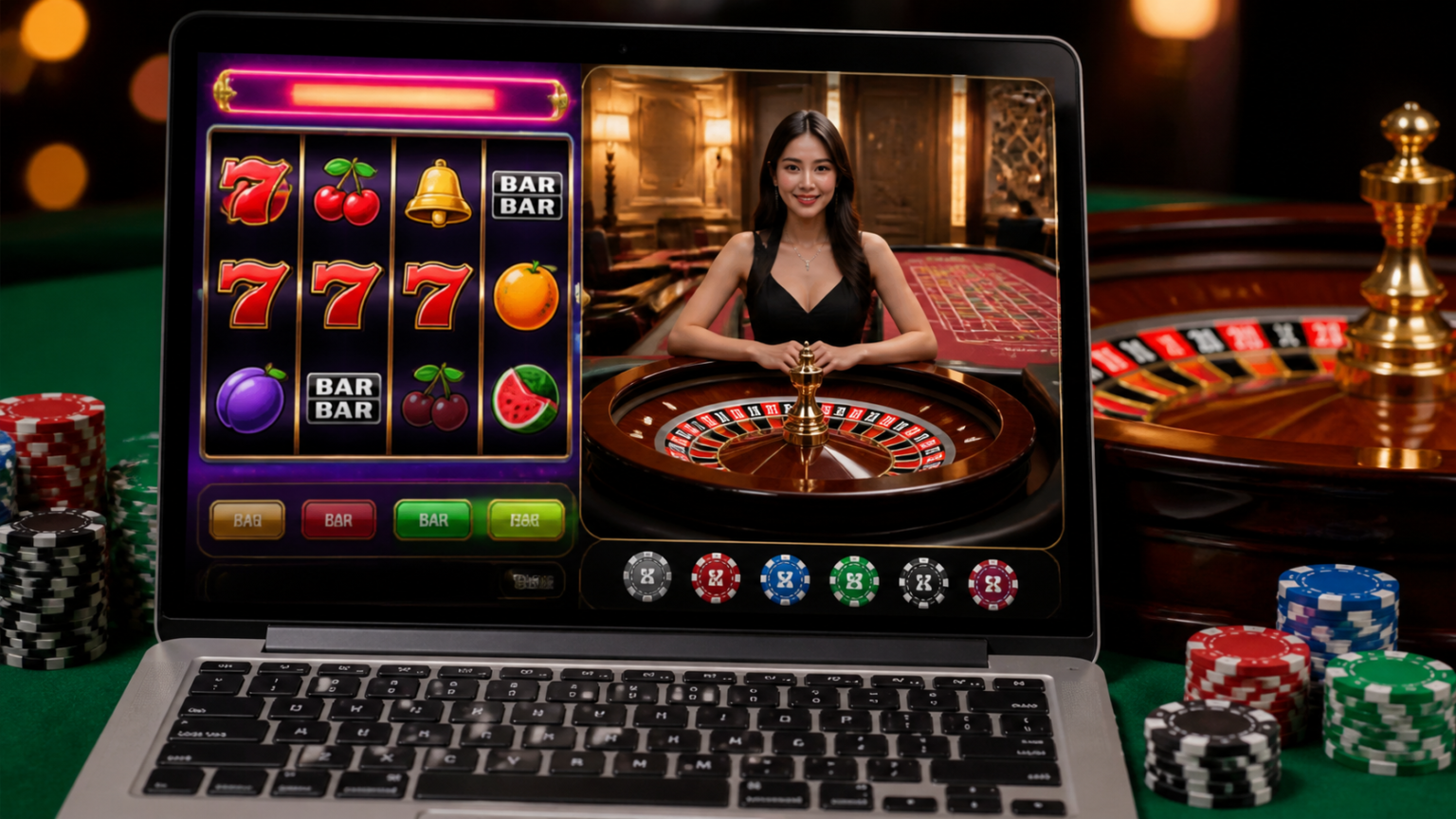 Online casino interface with slots and roulette on screen