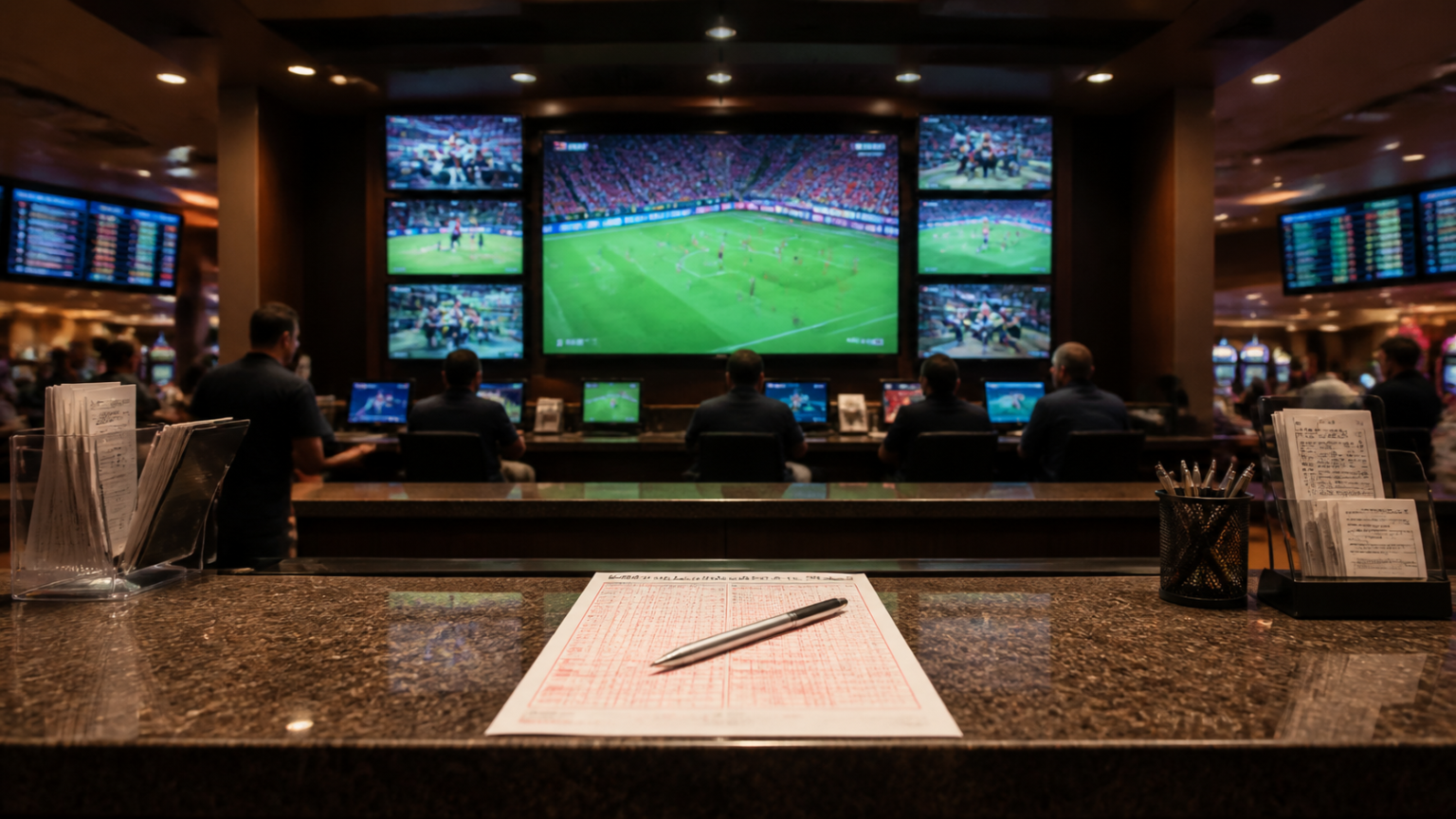 Sports betting counter with match screens and betting slip