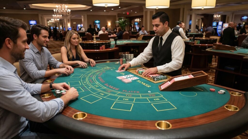 Tìm Hiểu Tiêu Chí Chọn Trang Đánh Baccarat Uy Tín Bàn chơi baccarat chuyên nghiệp với bài tây và chip đặt cược trên mặt bàn nỉ