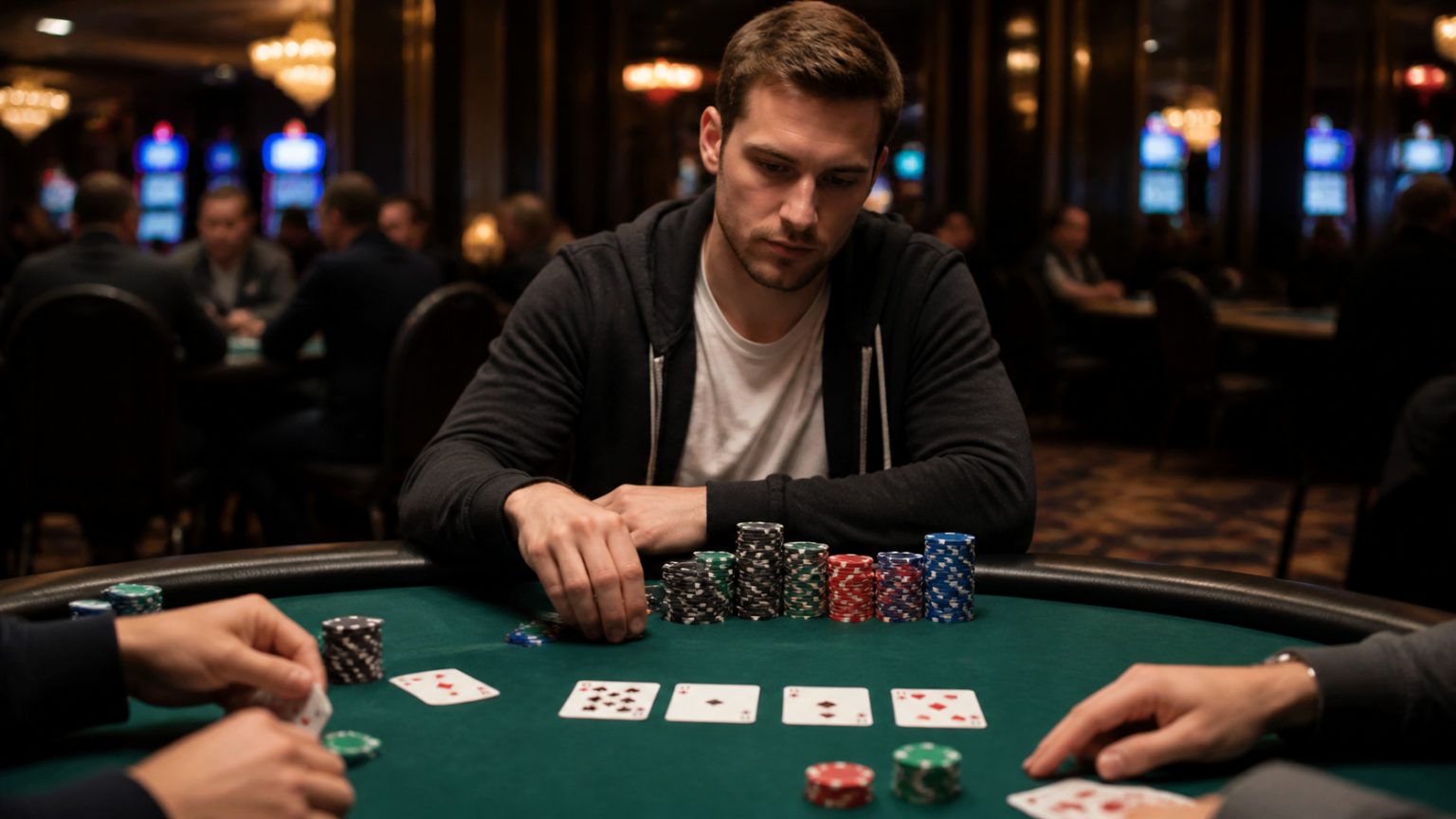 Casino poker table with chips and cards for real-money poker