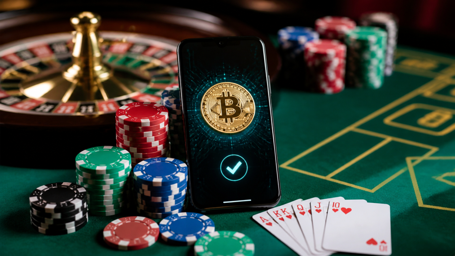 Casino table with chips and a phone showing crypto payment