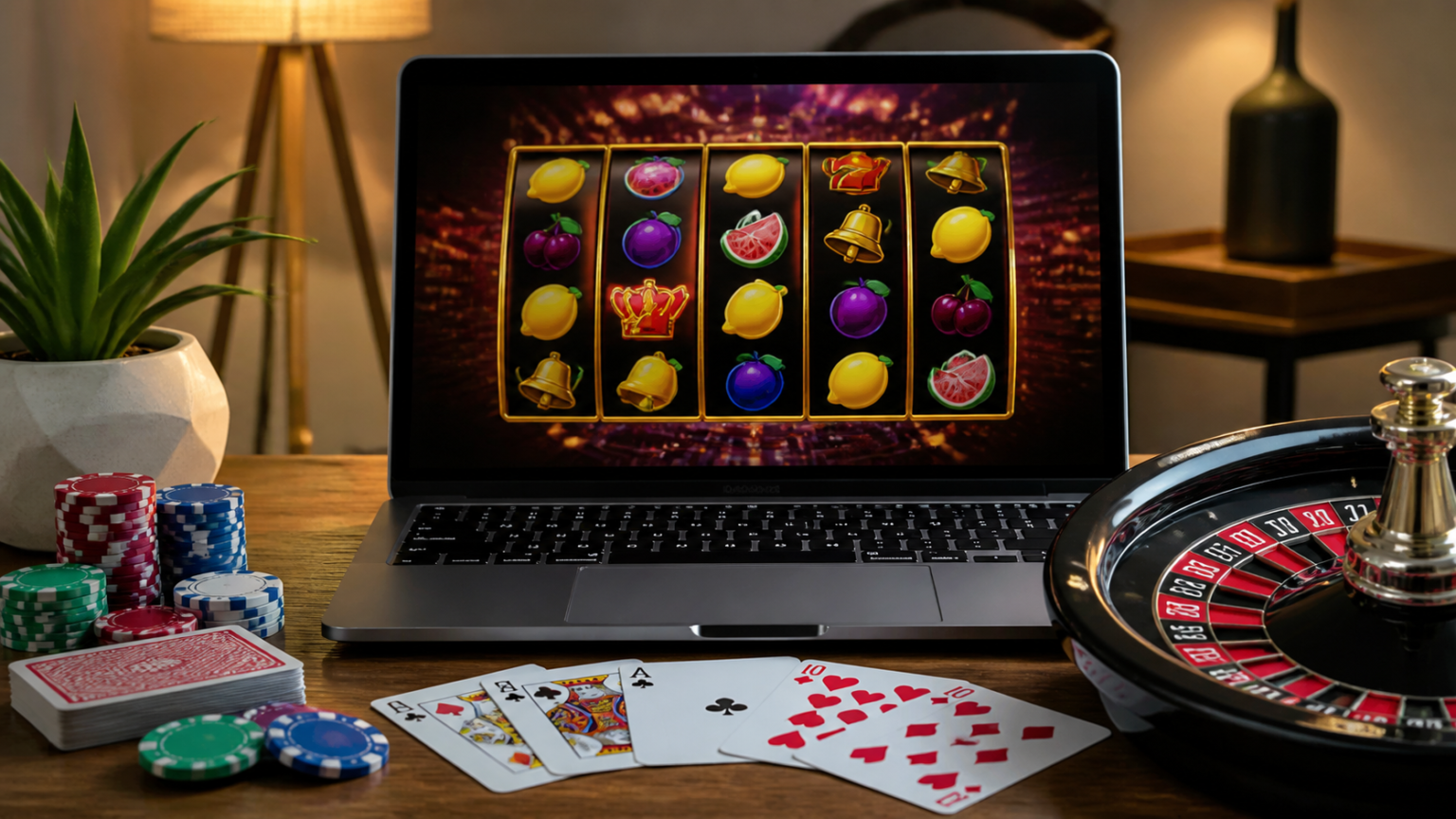What to Look for at top online casinos Laptop displaying an online casino game with cards and chips nearby